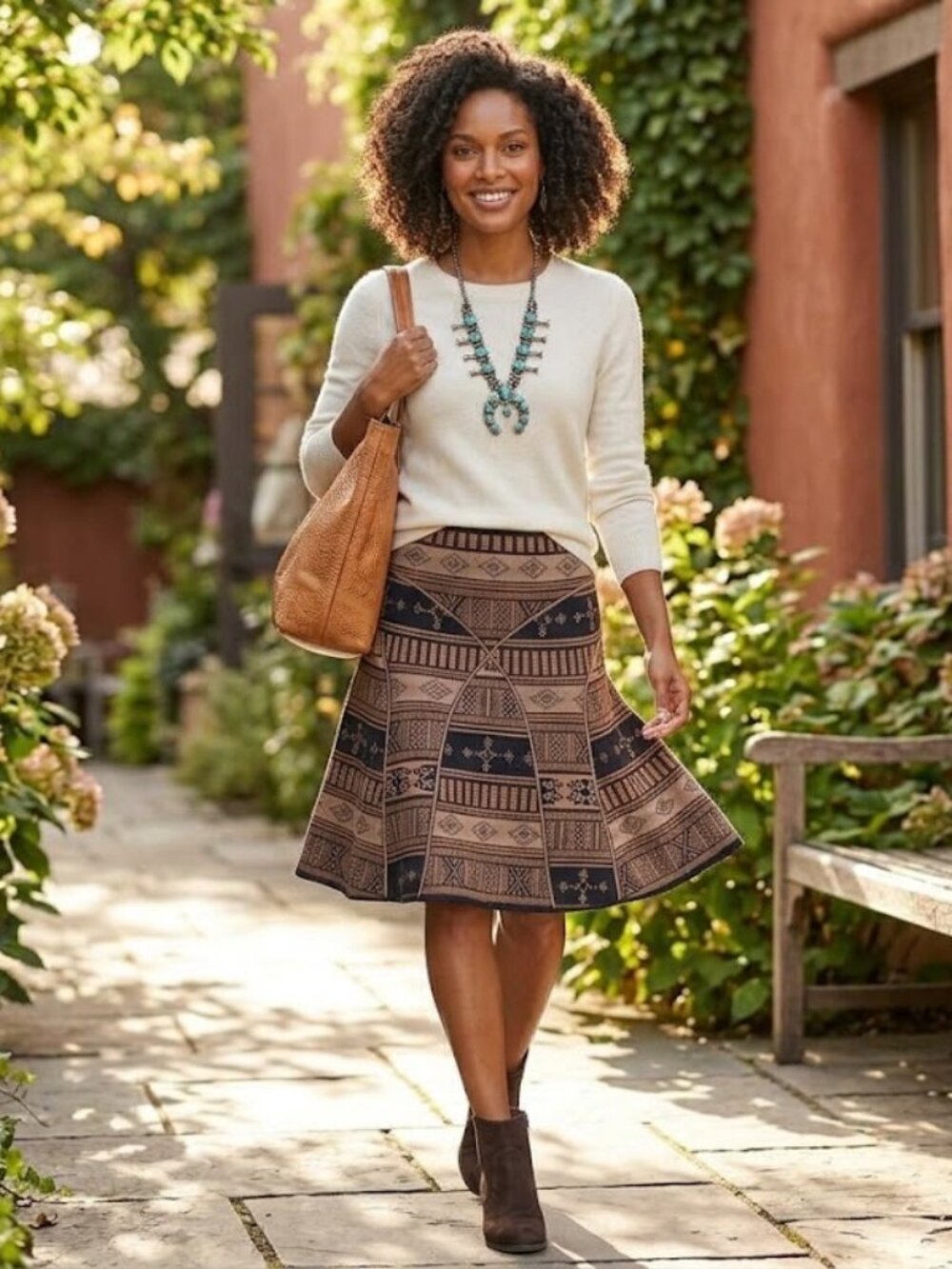 Peruvian Connection Geometric Kilim Jacquard Knit Flared Skirt Size S